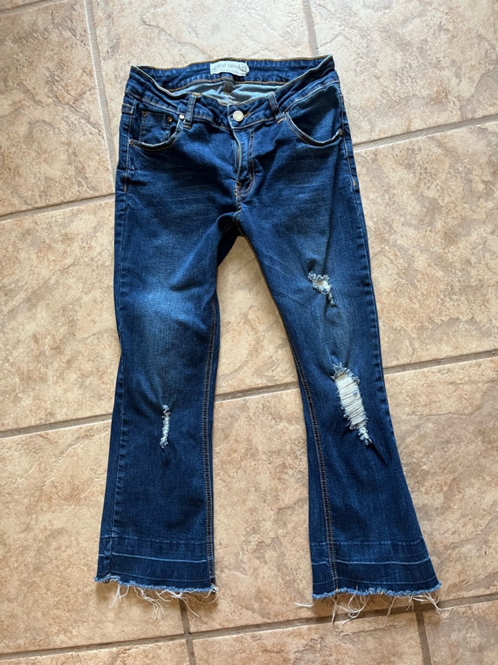 Distressed Dark Blue Cropped Flare Jeans - Women's